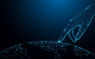 Hand touch global map form lines and triangles, point connecting network on blue background. Illustration vector