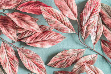 Pastelowy różowy biały wzór liści na pastelowe niebieskie tło, widok z góry, płaskie świeckich. Koncepcja natury