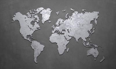 Metaliczna mapa świata na ciemnym tle, z efektem 3D.