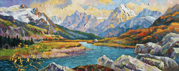 Autumn in the mountains of Caucasus. Painting: canvas, oil. Author: Nikolay Sivenkov.