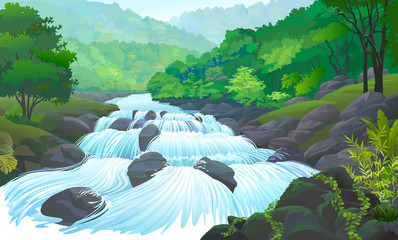 Rzeka płynąca po nieruchomych głazach i pełzających po skałach pnączy