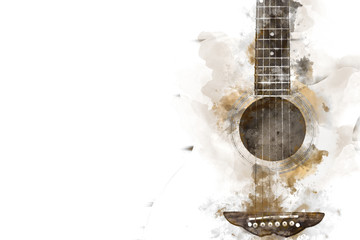 Abstrakcjonistyczna kolorowa gitara na pierwszym planie na akwareli tła i Cyfrowej ilustraci szczotkuje sztuka.