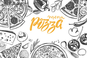 Italian pizza , collection of pizza with ingredients, logo, hand drawn vector illustration realistic sketch ,