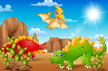 Kreskówka szczęśliwe dinozaury żyjące na pustyni