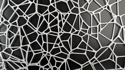Abstrakcyjna biała krata 3D na czarnym tle.