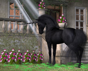 Enchanted Dark Unicorn - Czarno-pokryty magiczny jednorożec interesuje się różowymi dzwonkami w pobliżu leśnego domku.