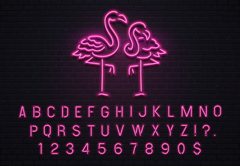 Flamingo neon sign. Pink 80s font. Tropical flamingos electric glow bar billboard with purple light bulb letters vector illustration