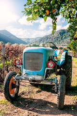 Stary jasnoniebieski ciągnik do upraw rolnych