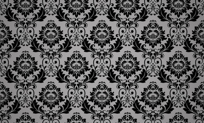 Tapeta w stylu barokowym. Bezszwowe tło wektor. Czarny kwiatowy ornament.