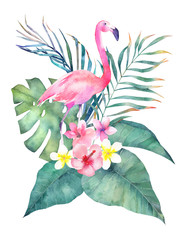 Egzotyczny letni druk z flamingami i tropikalnymi liśćmi. Na białym tle ręcznie rysowane ilustracja na białym tle. Akwarela karta