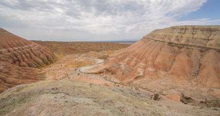 summer sunny panorama of the valley of desert mountains, Kazakhstan, Altyn-Emel National Park