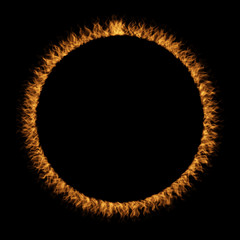 Konceptualny żółty pomarańczowy gorący rozszalały blask ognia, okręgu round pierścionku płomienia kształt odizolowywał czarnego tło. Streszczenie łatwopalne niebezpieczeństwo piekło realistyczne spalić ognisty energii efect ilustracja 3D