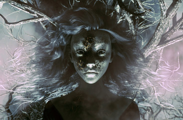 Duch kobieta w przerażającym lesie, 3d Mieszani środki dla ilustracyjnej książki lub okładki książki