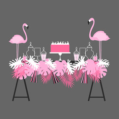 Wedding candy bar with cake. Tropical style with flamingos. Dessert table. Vector illustration.
