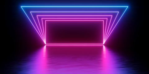 Renderowania 3D, abstrakcyjne minimalne tło, świecące linie tunelu, łuk, korytarz, różowe niebieskie neony, widmo ultrafioletowe, rzeczywistość wirtualna, pokaz laserowy