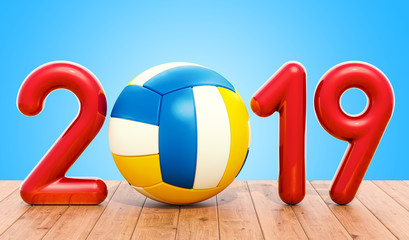 Siatkówka 2019 pojęcie na drewnianym stole. Renderowanie 3D