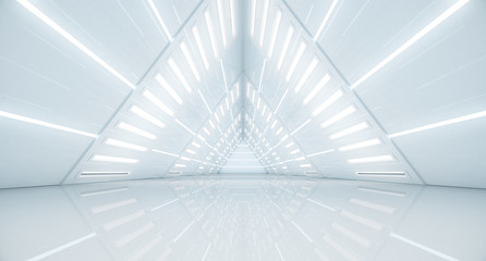 Korytarz statku kosmicznego streszczenie trójkąt. Futurystyczny tunel ze światłem. Przyszłe tło wnętrza, biznes, koncepcja nauki science-fiction. Renderowania 3d