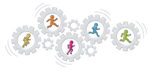 Współpraca / Praca zespołowa: Grupa kolorowych mężczyzn biegnie w obrotowych narzędziach / wektorze, izolowana