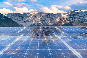 Solar panel over mountain background. solar power green energy for life concept 