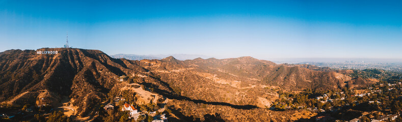 Aerial view of the Los Angeles Hollywood district and Walk of Fame with many private homes and parks. 