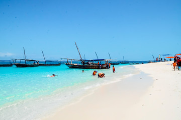 Boat on the ocean blue sea paradise island view