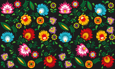 Polski folklor - kwiaty i liście na ciemnym tle