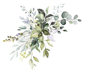  watercolor floral arrangements with leaves, herbs. herbal illustration. Botanic composition for wedding, greeting card.