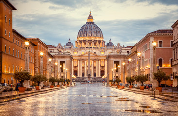 St. Peter's Basilica in the evening from Via della Conciliazione in Rome. Vatican City Rome Italy. Rome architecture and landmark. St. Peter's cathedral in Rome. Italian Renaissance church
