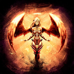 Piękna dziewczyna anioła w pomarańczowym blasku