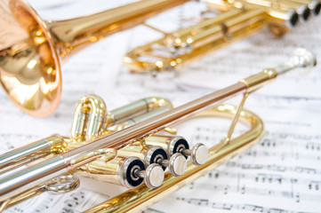 Martwa natura. Dwie złote trąbki leżą na nutach. Mosiężny duet.