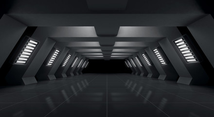 Czarny futurystyczny i lekki tunel pusty tło, 3d rendering