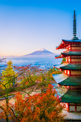 Beautiful landscape of mountain fuji with chureito pagoda around maple leaf tree in autumn season
