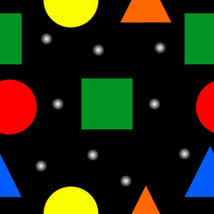 Bezszwowa ilustracja składająca się z różnorodnych kolorowych kształtów geometrycznych.