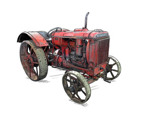 Stara rocznik czerwona ciągnikowa ilustracja w kreskówki lub komiczki stylu. Ciągnik został wyprodukowany w Chicago, Illinois, Stanach Zjednoczonych lub USA w latach 1938–1939 lub 30-tych.