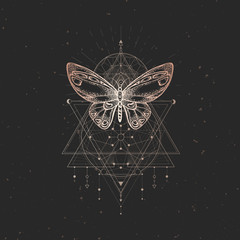 Ilustracja wektorowa z ręcznie rysowane motyl i święty symbol geometryczny na czarnym tle vintage. 