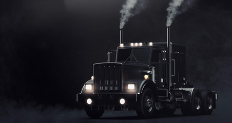 Klasyczna czarna ciężarówka na ciemnym tle z dymem (ilustracja 3D)