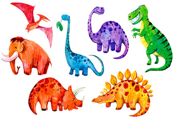 Zestaw kreskówka akwarela dinozaurów. Ręcznie rysowane ilustracja. Doskonały do tekstyliów dziecięcych i nadruków.