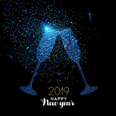 Nowy Rok 2019 niebieska świecidełka szklana karta tosty