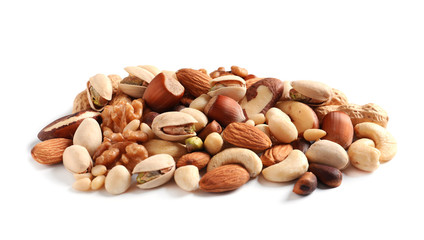 Pile of mixed organic nuts on white background