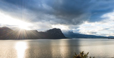 Panorama of the Swiss Alps and Lake Lucerne.