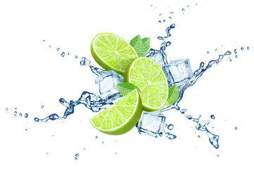 Świeże limonki, liście mięty, kostki lodu i rozpryski wody, na białym tle
