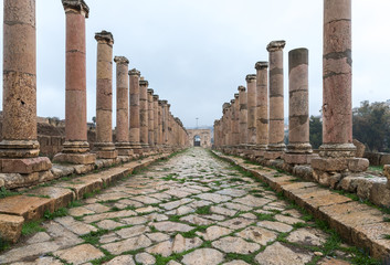 Cardo Maximus street leading from Oval Plaza in the great Roman city of Jerash - Gerasa, destroyed by an earthquake in 749 AD, located in Jerash city in Jordan