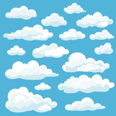 Cartoon white clouds icon set isolated on blue background. Cloudscape in flat style. Blue sky cloud weather symbol. Vector illustration cloudy panorama