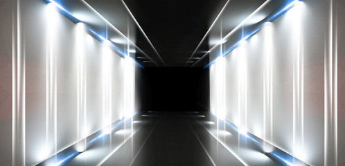 Tło jest pustym tunelem, pokój jest oświetlony światłem neonowym. Pokrycie betonowe, dachówka. Palić. Laserowa kwadratowa postać na środku pokoju. Renderowanie 3D