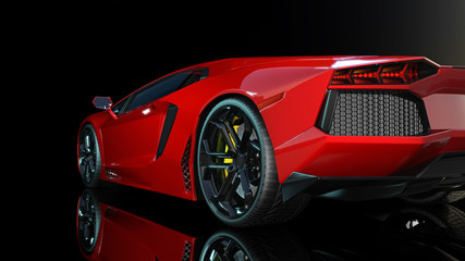 Czerwony samochód sportowy, tył i tylne światła samochodu sportowego, samochód wyścigowy na białym tle na czarnym tle, widok z dołu, renderowania 3D