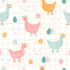 Bezszwowy wzór z karmazynkami i jajkami. Pastelowy druk wielkanocny. Wektorowa ręka rysująca ilustracja.