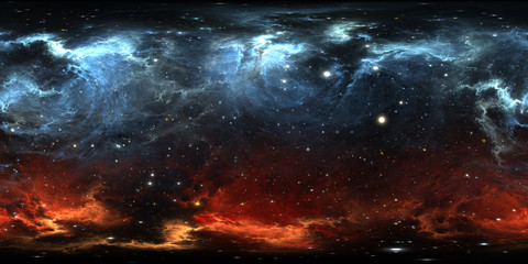 Panorama mgławicy kosmicznej 360 stopni, rzut prostokątny, mapa środowiska. Panorama sferyczna HDRI. Astronautyczny tło z mgławicą i gwiazdami