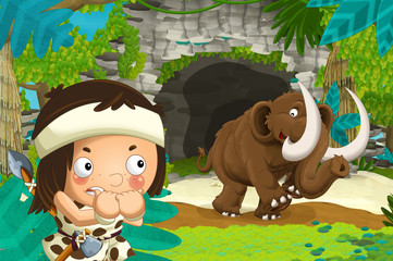 kreskówka szczęśliwa scena z jaskiniowcem podróżującym w pobliżu jakiejś jaskini i mamuta wychodzącego z jaskini - ilustracja dla dzieci