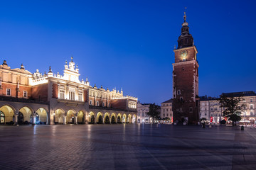 Krakow Cloth Hall and Town Hall Tower at night , Poland