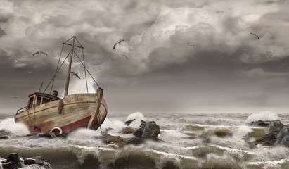 Splatająca łódź rybacka, wrak statku, burza na morzu